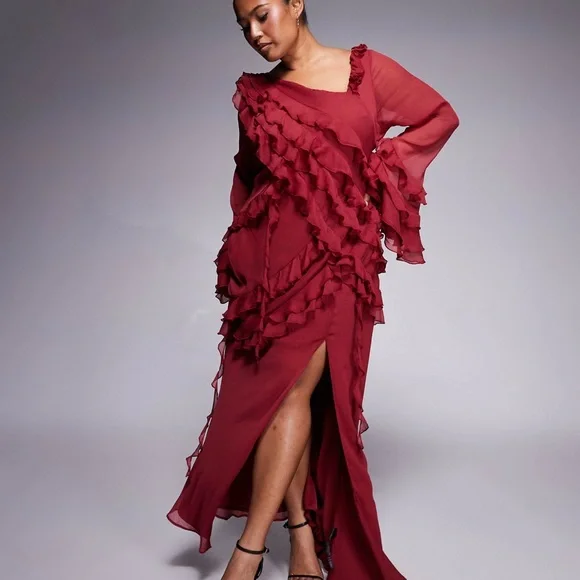 ASOS Curve | Dresses | Asos One Shoulder Ruffled Burgundy Dress Us Size 22  Nwt | Poshmark